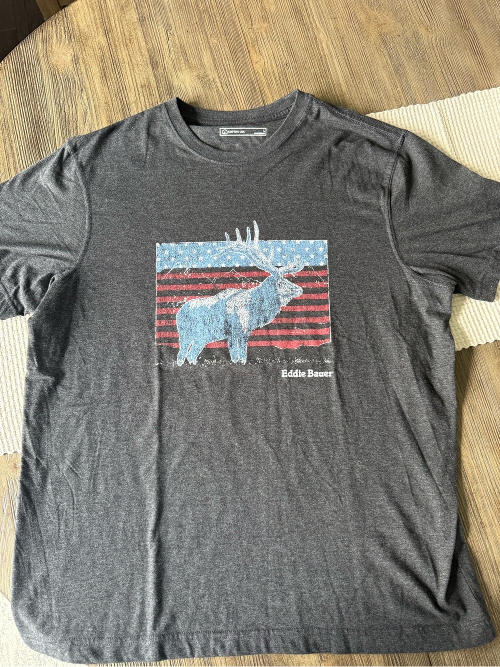 Eddie Bauer Charcoal Tee with Blue Moose and Red Stripes - Size Large
